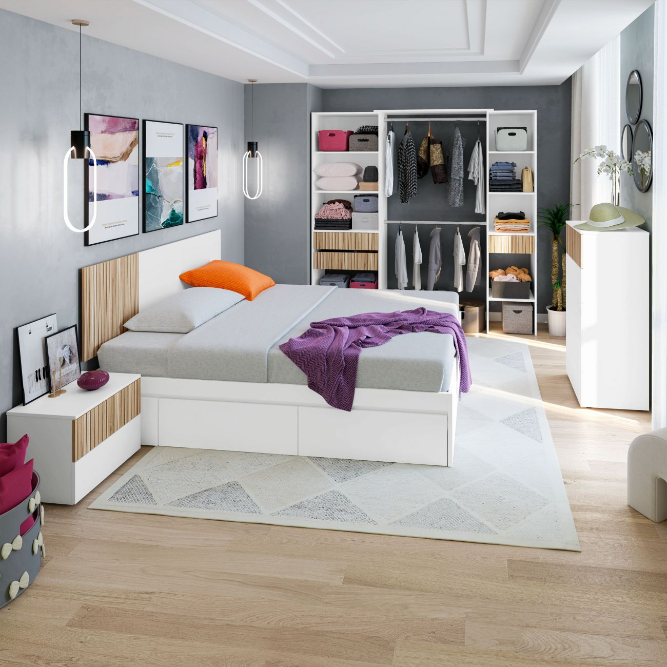 Un dormitorio con cama, mesitas de noche, armario y arte en la pared.