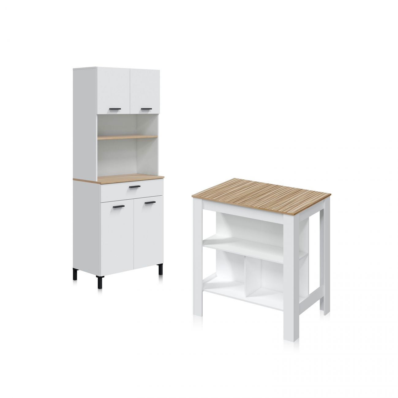 Un armario de cocina blanco y una isla de cocina blanca con tapa de madera.