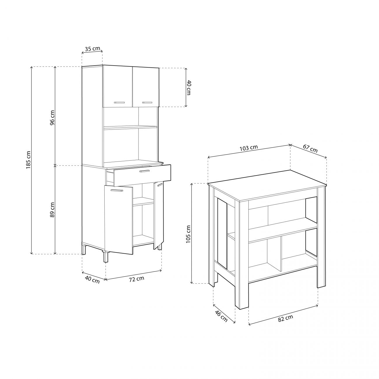 Dibujo lineal de dos muebles con dimensiones.