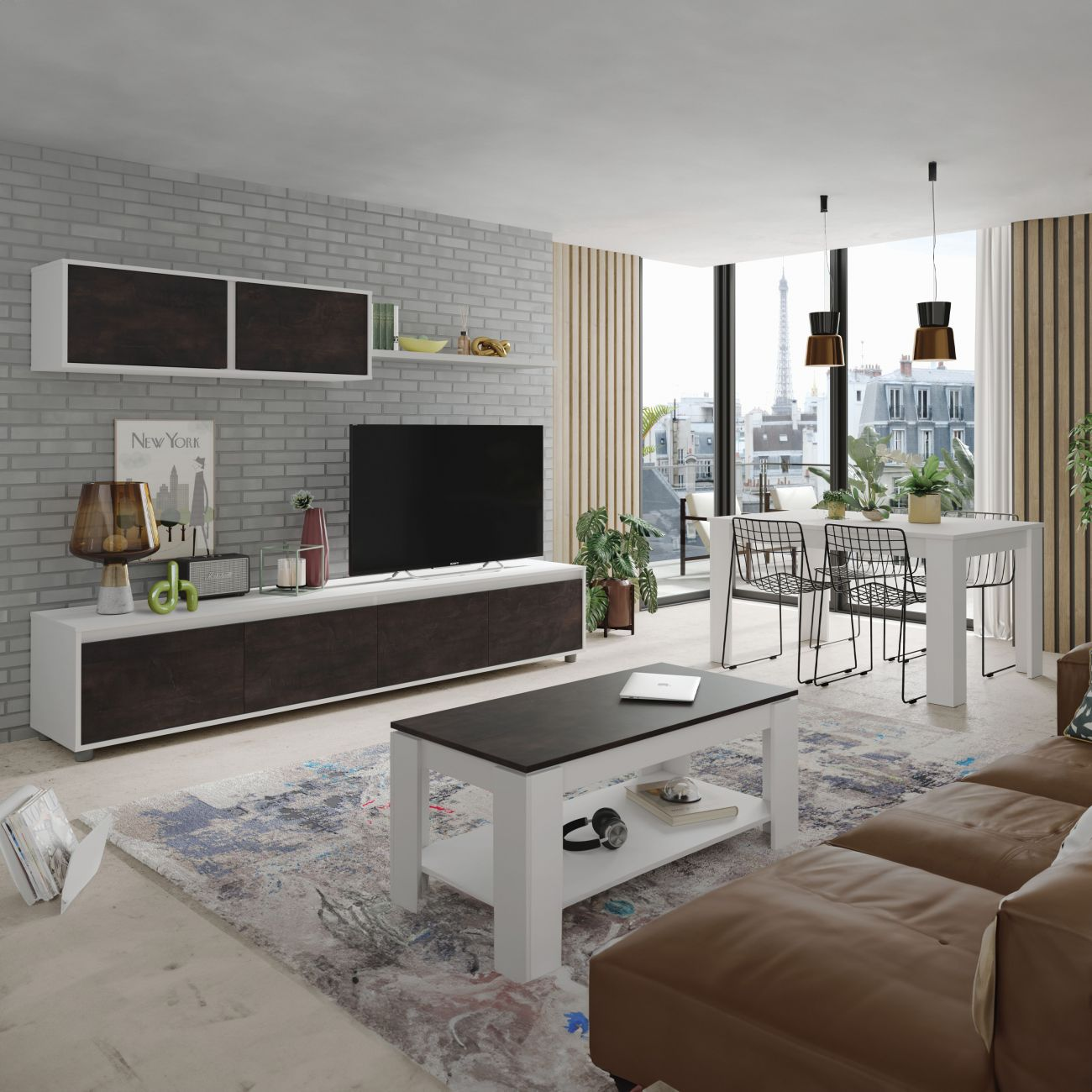 Una sala de estar moderna con sofá de cuero marrón, mesa blanca y vista a París.
