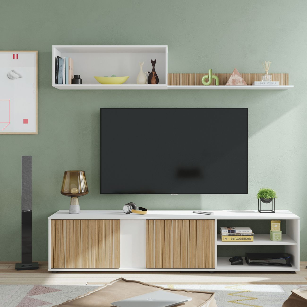 Una sala de estar moderna con TV, mueble multimedia y decoración.
