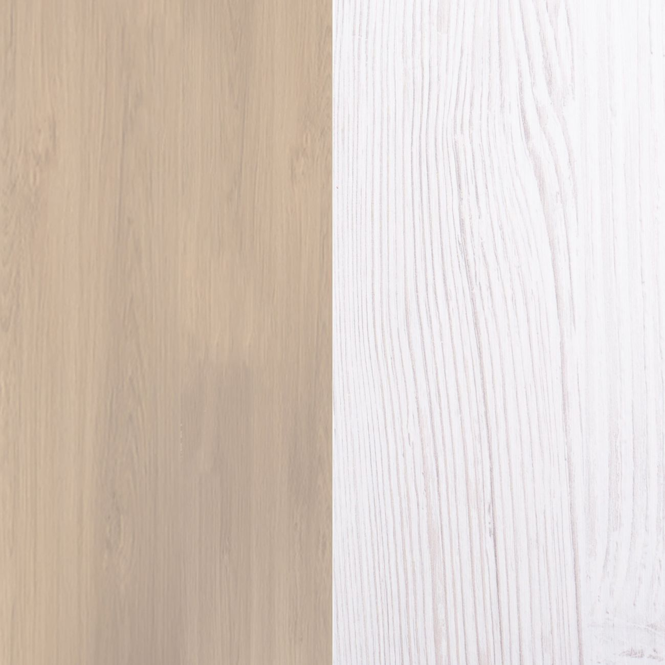 Dos superficies de madera una al lado de la otra: marrón claro a la izquierda, blanca con veta a la derecha.