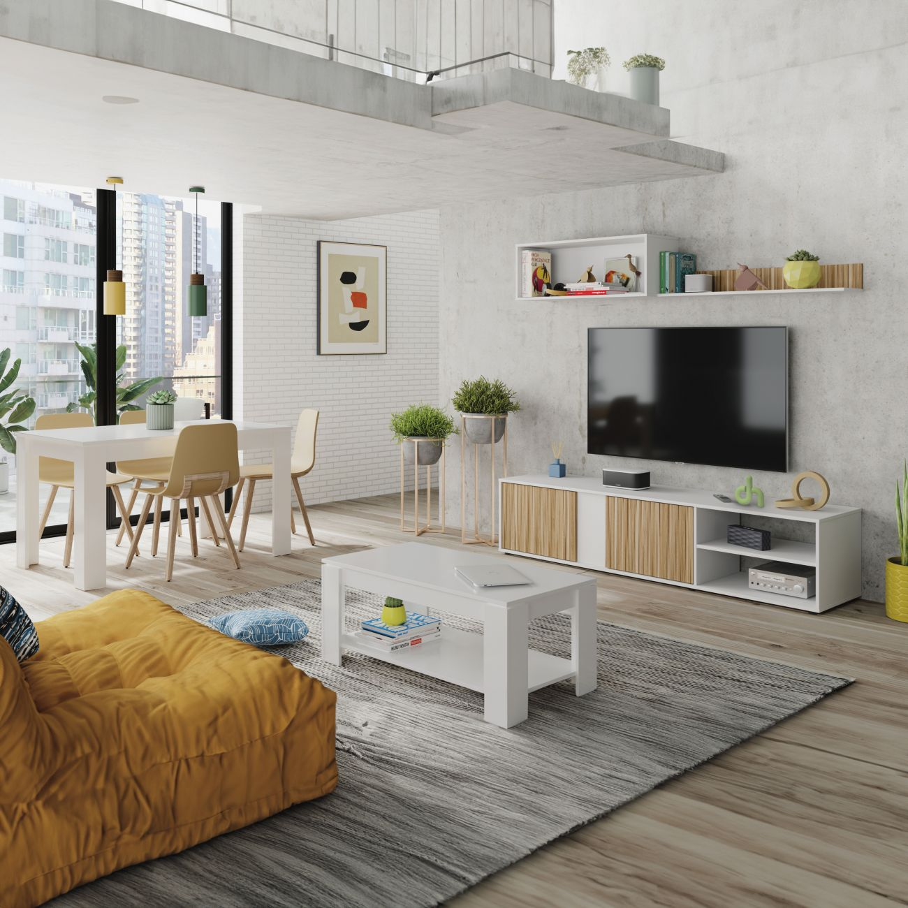 Sala de estar moderna con comedor, sofá amarillo, mesa blanca y TV.