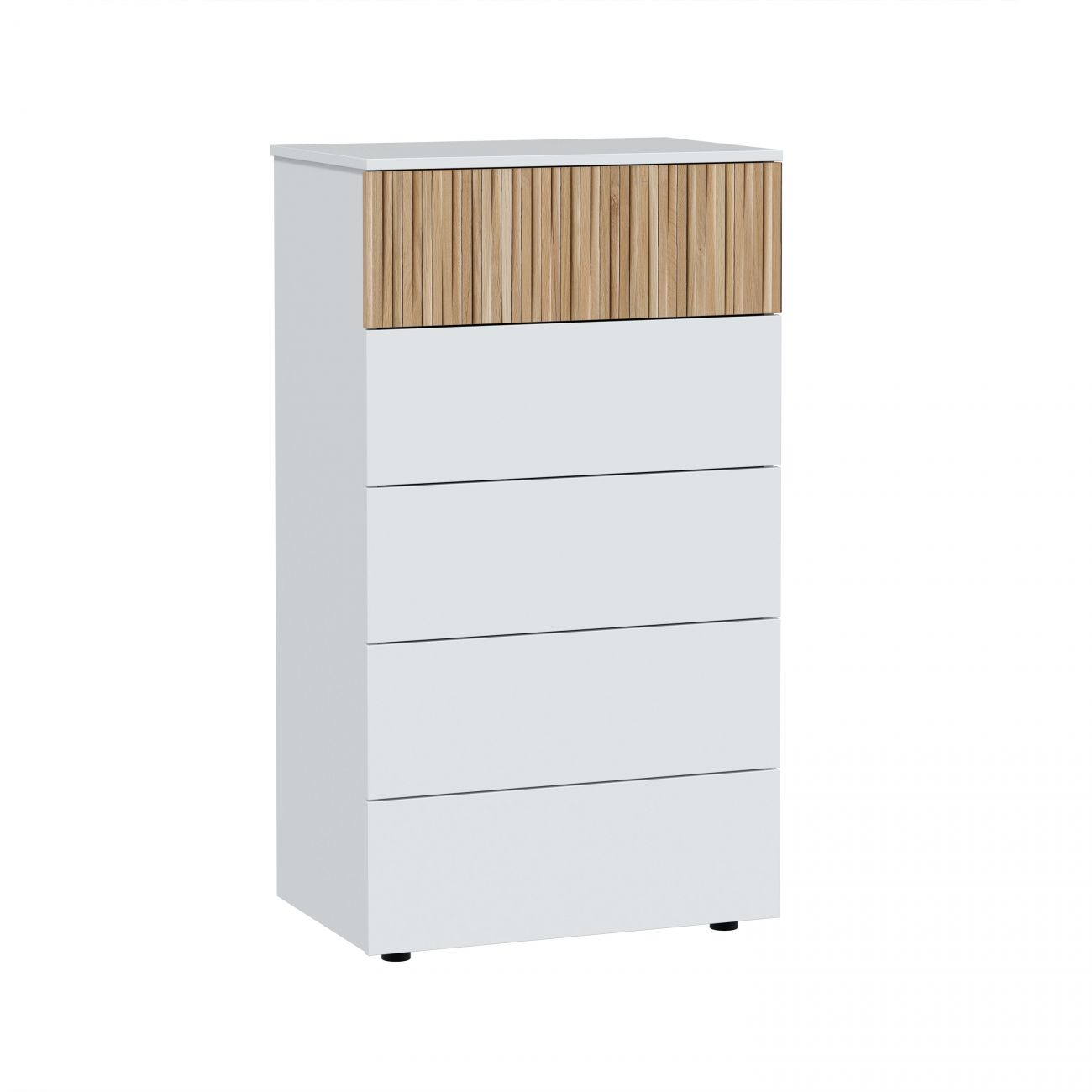 Cómoda blanca con cuatro cajones y parte superior de lamas de madera.