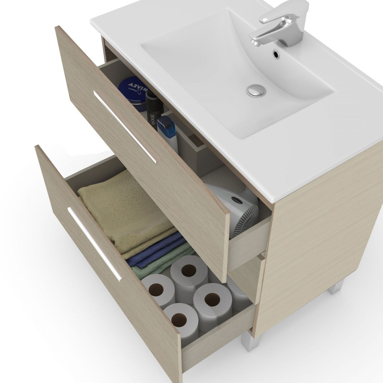 Un mueble de baño marrón claro con lavabo y cajones abiertos. Contiene papel higiénico, toallas, secador de pelo y artículos de tocador.