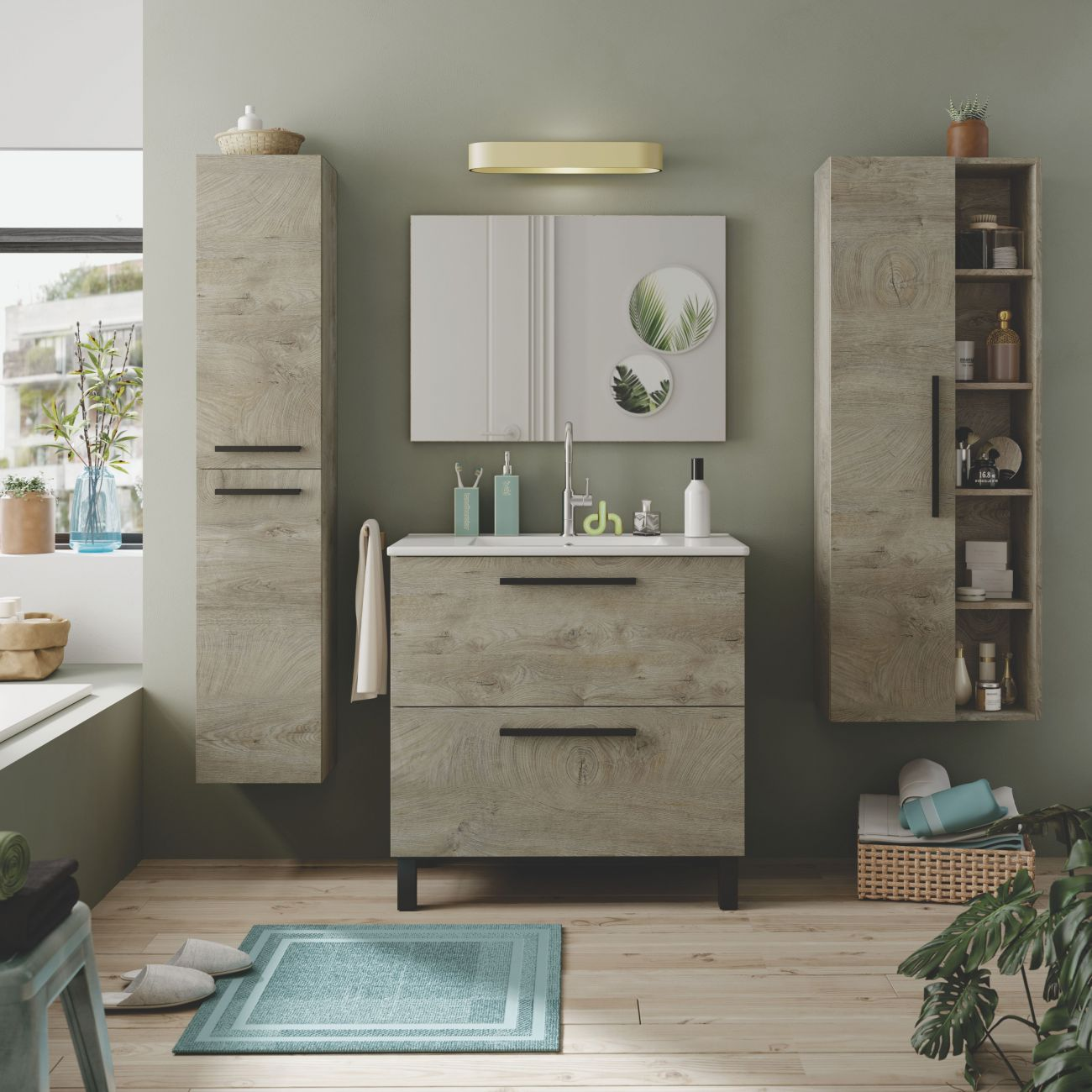 Un baño con muebles de madera, lavabo, espejo, armarios y bañera.