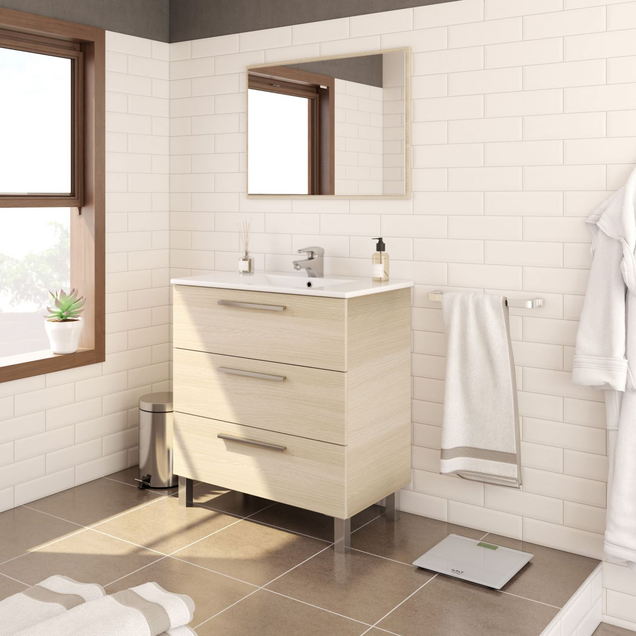 Un baño luminoso con tocador de madera, espejo, toalla y báscula.