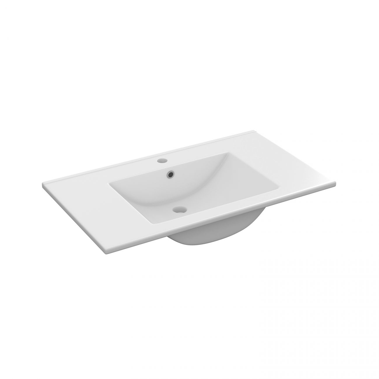 Un lavabo de cerámica blanco con repisa plana y seno integrado.