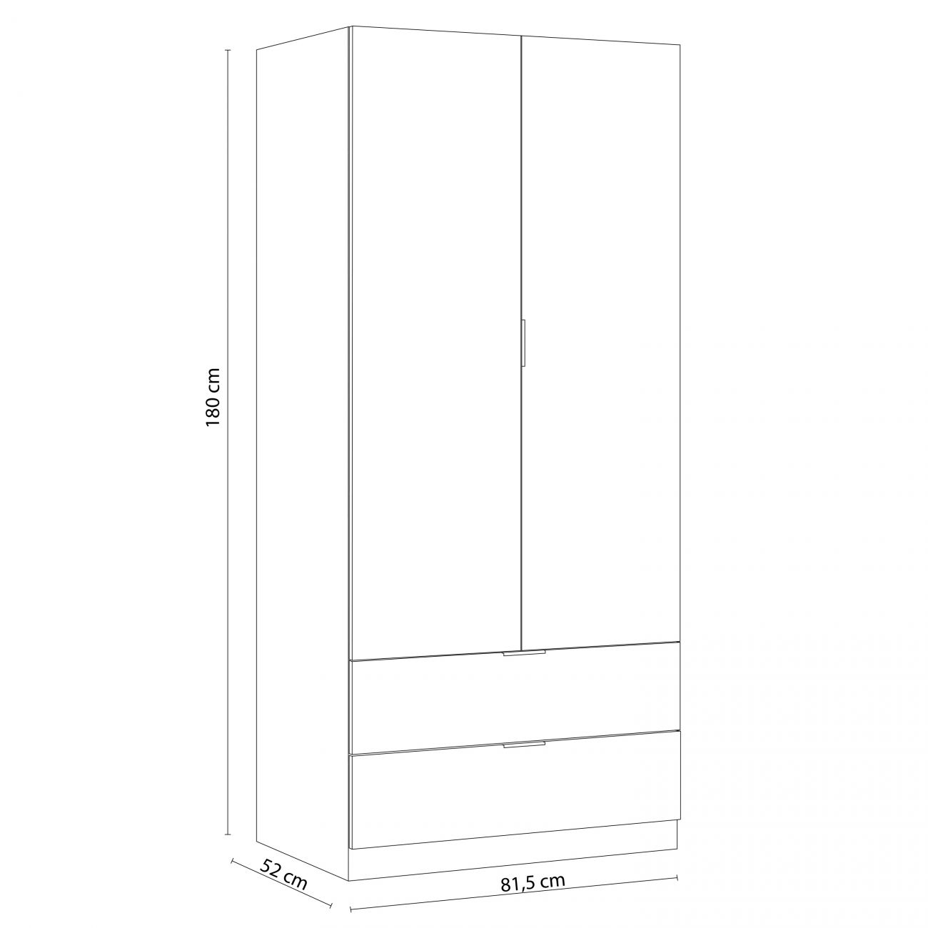 Un armario de dos puertas con dos cajones, 180 cm de alto.