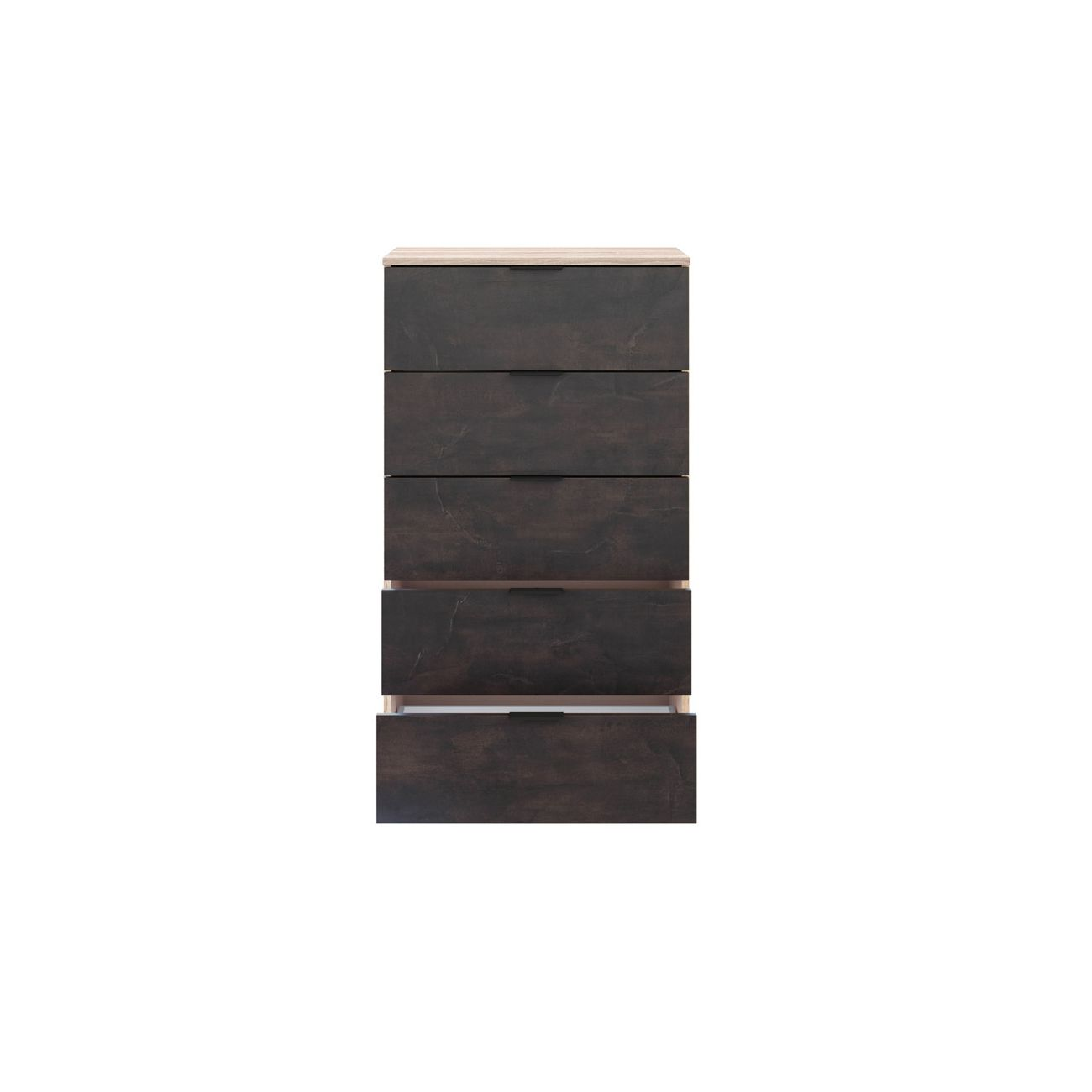 Cómoda oscura con cinco cajones y tapa de madera clara. Un cajón está ligeramente abierto.