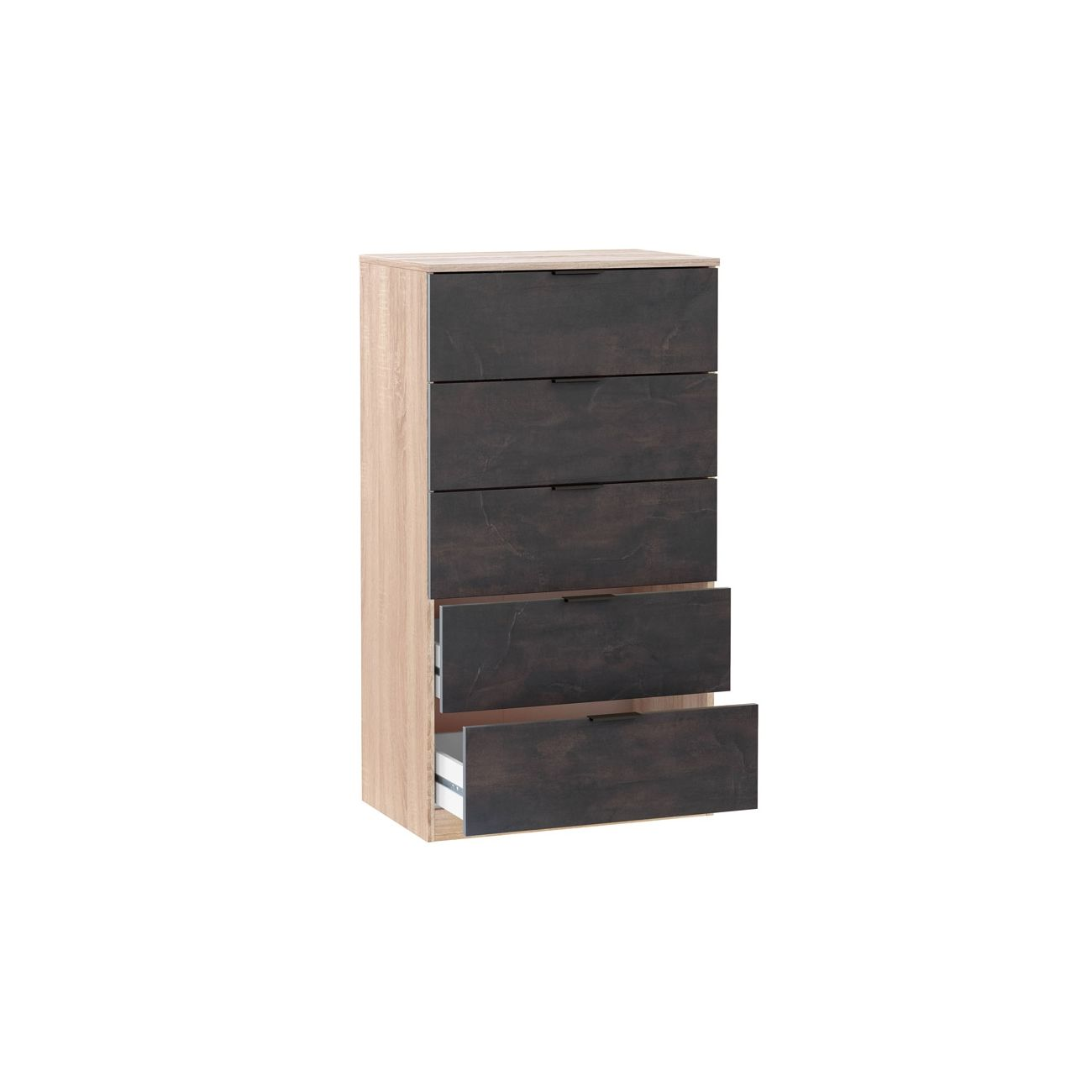 Cómoda de madera con cinco cajones, marrón oscuro y marrón claro.