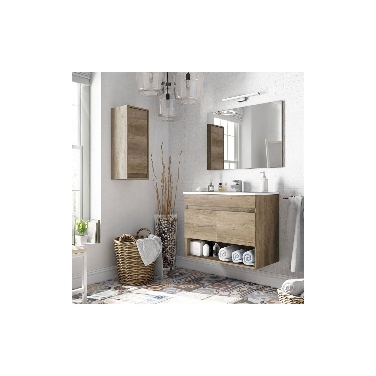 Un baño con mueble de madera, espejo de pared, mueble de lavabo y cesta.
