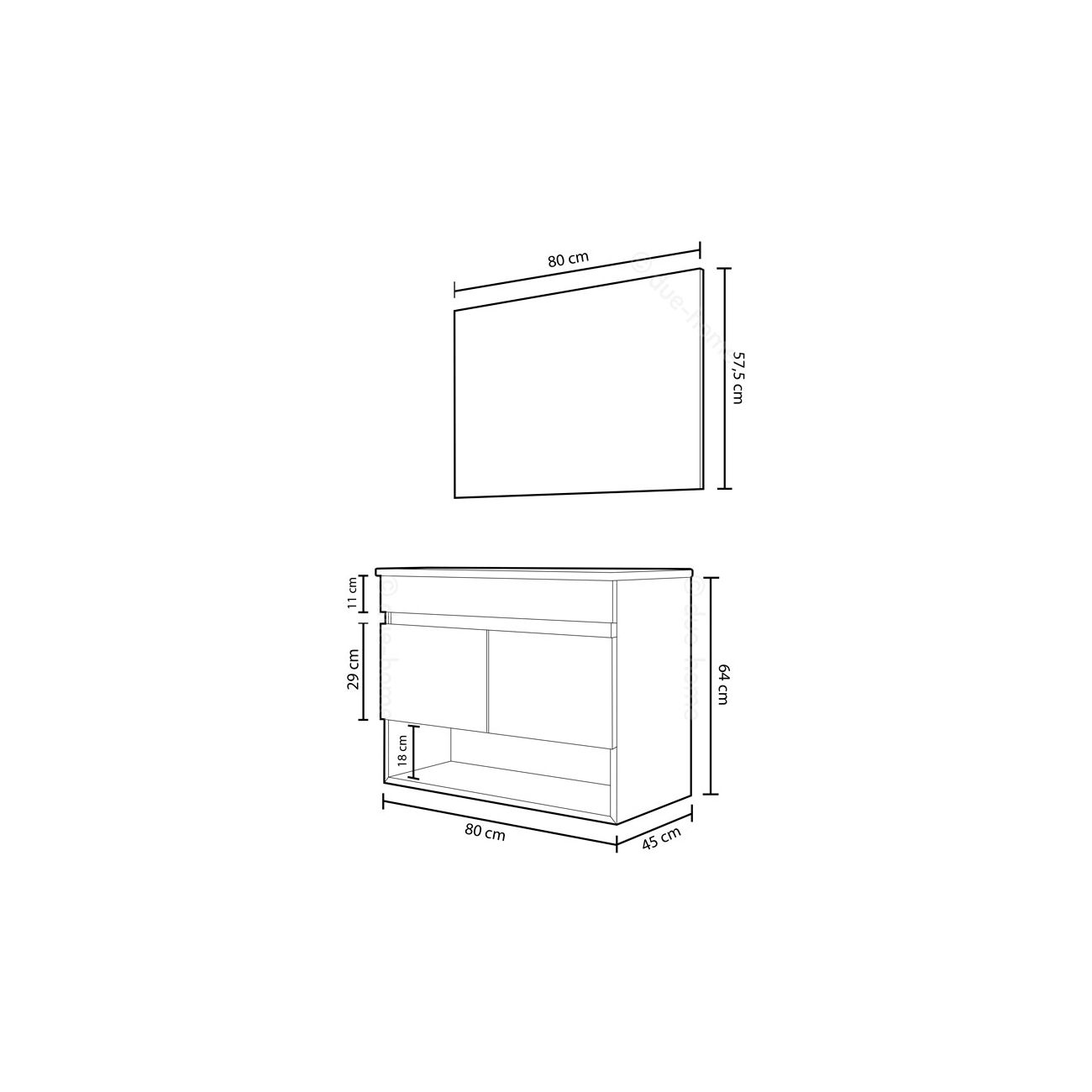 Dibujo técnico de un armario con dimensiones: 80x45x64 cm y 80x57,5 cm.
