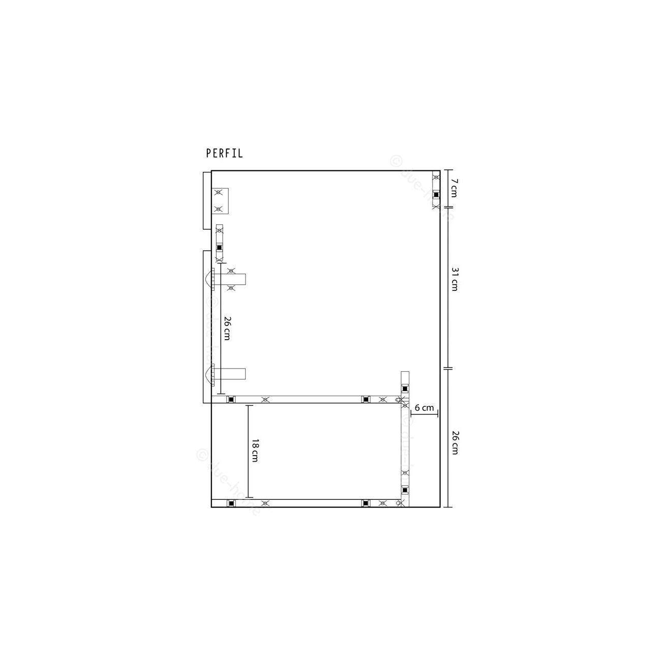 Dibujo técnico con dimensiones: 31x26 cm con subdivisiones.