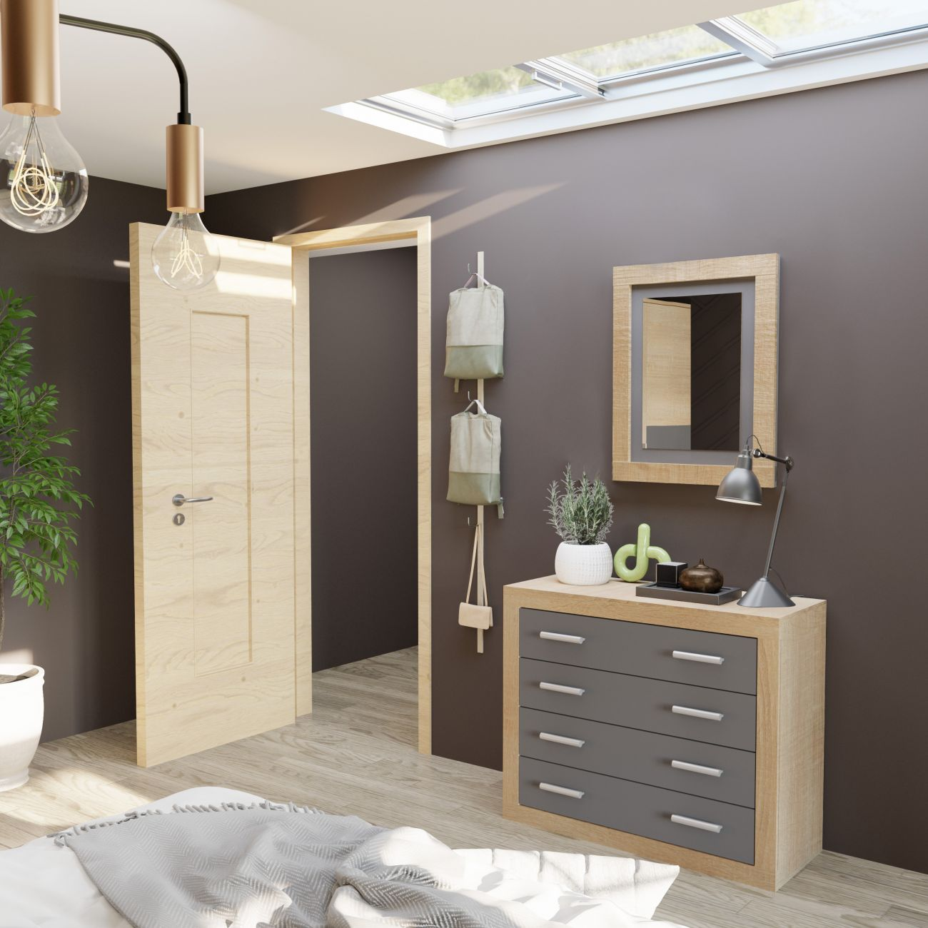 Un dormitorio con tragaluz, suelo de madera y puerta.
