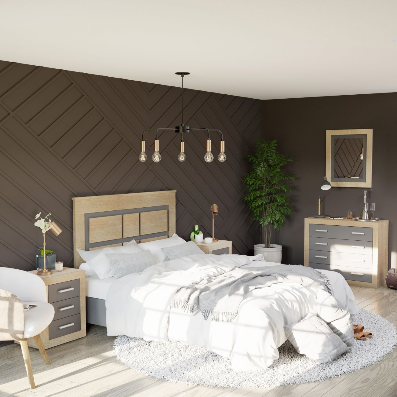 Un dormitorio moderno con una cama grande, mesitas de noche, una cómoda y un espejo.