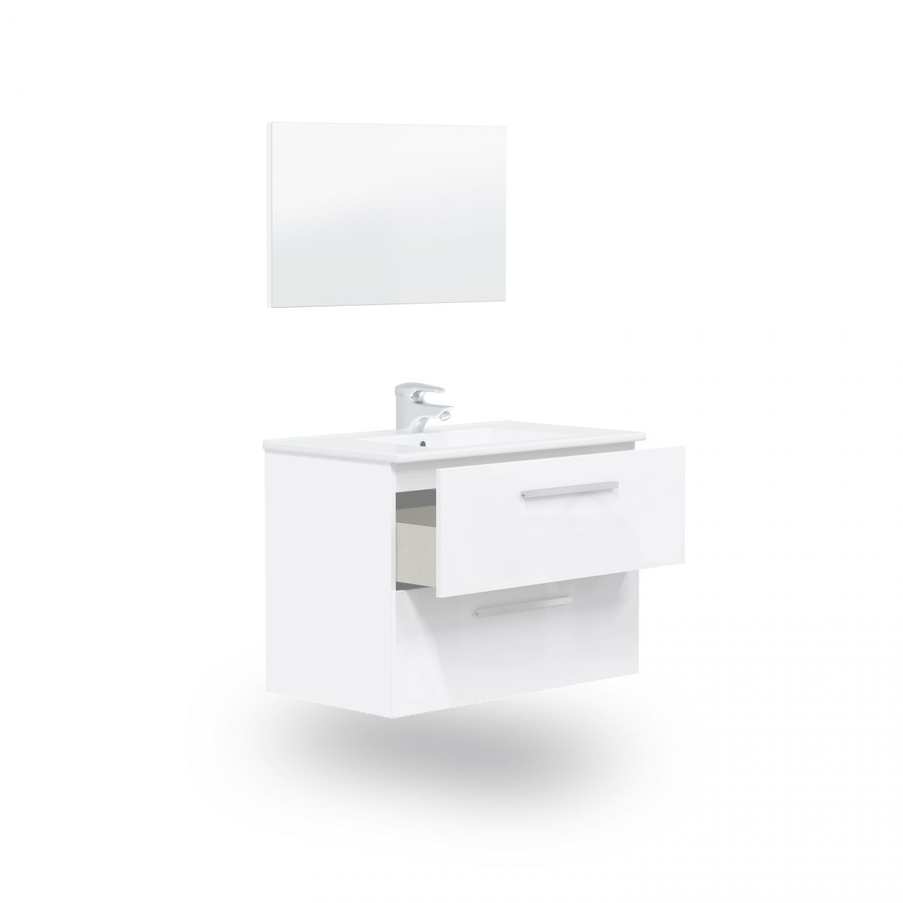 Un lavabo blanco con cajones y un espejo encima.