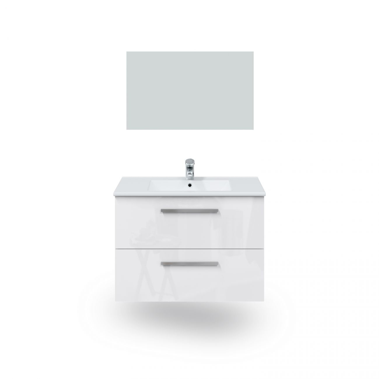 Un mueble de baño blanco con dos cajones y un espejo encima.
