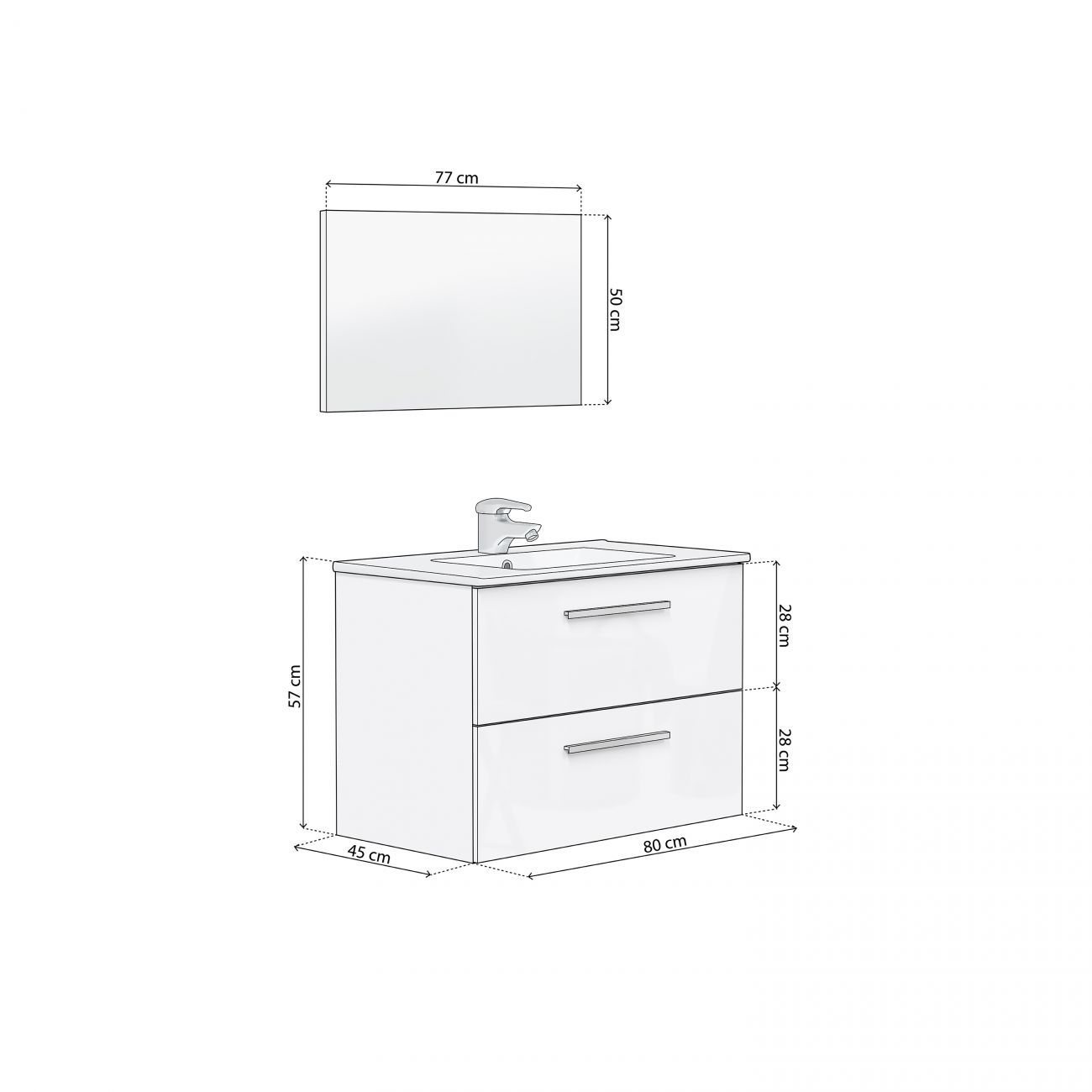 Mueble de lavabo blanco con dos cajones y espejo con medidas.