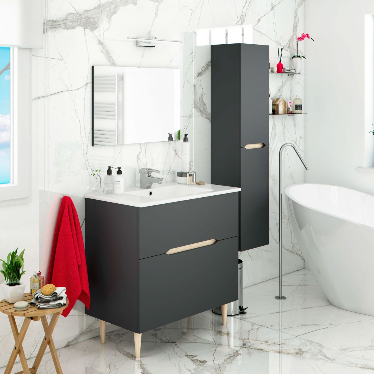Baño moderno con tocador gris oscuro, lavabo blanco, toalla roja y bañera.