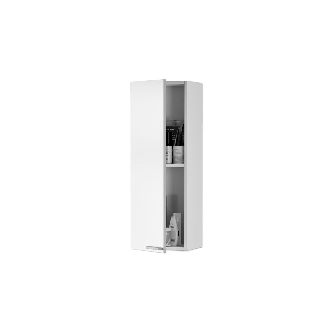 Un armario blanco de pared con puerta abierta, que contiene artículos de tocador.