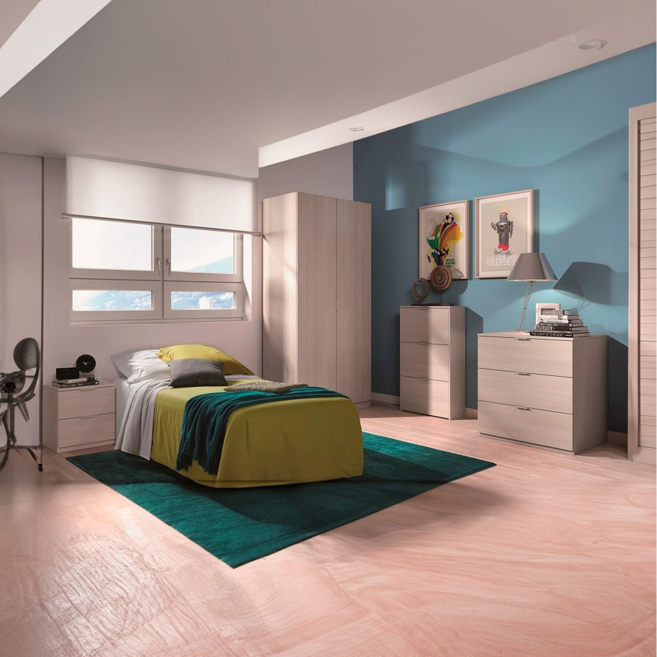 Un dormitorio moderno con una cama, dos mesitas de noche, un armario y dos cómodas.