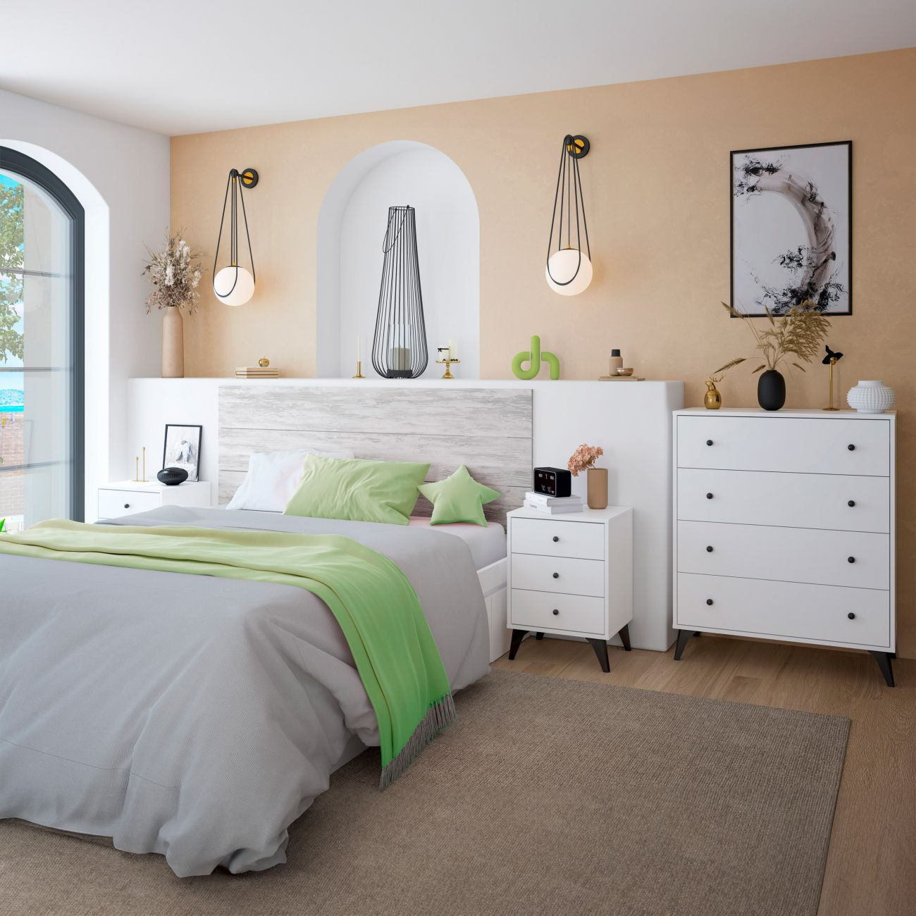 Un dormitorio con cama, mesitas de noche, cómoda y ventana.