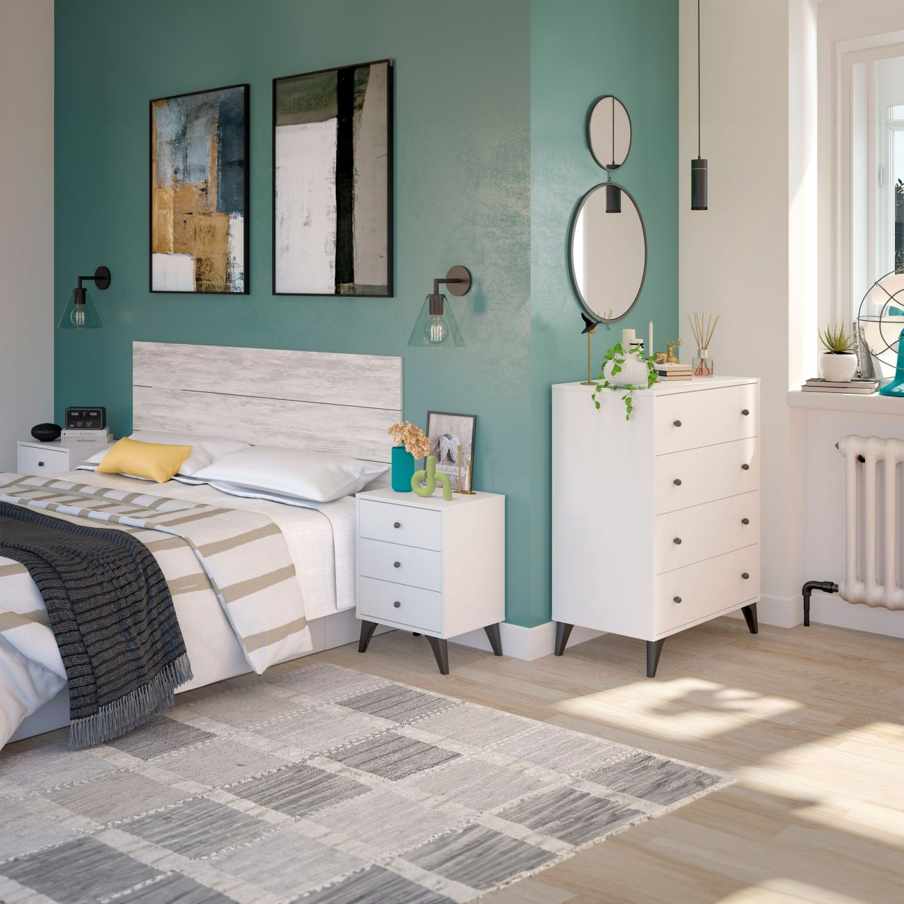 Un dormitorio con cama, mesitas de noche, cómoda y arte de pared.