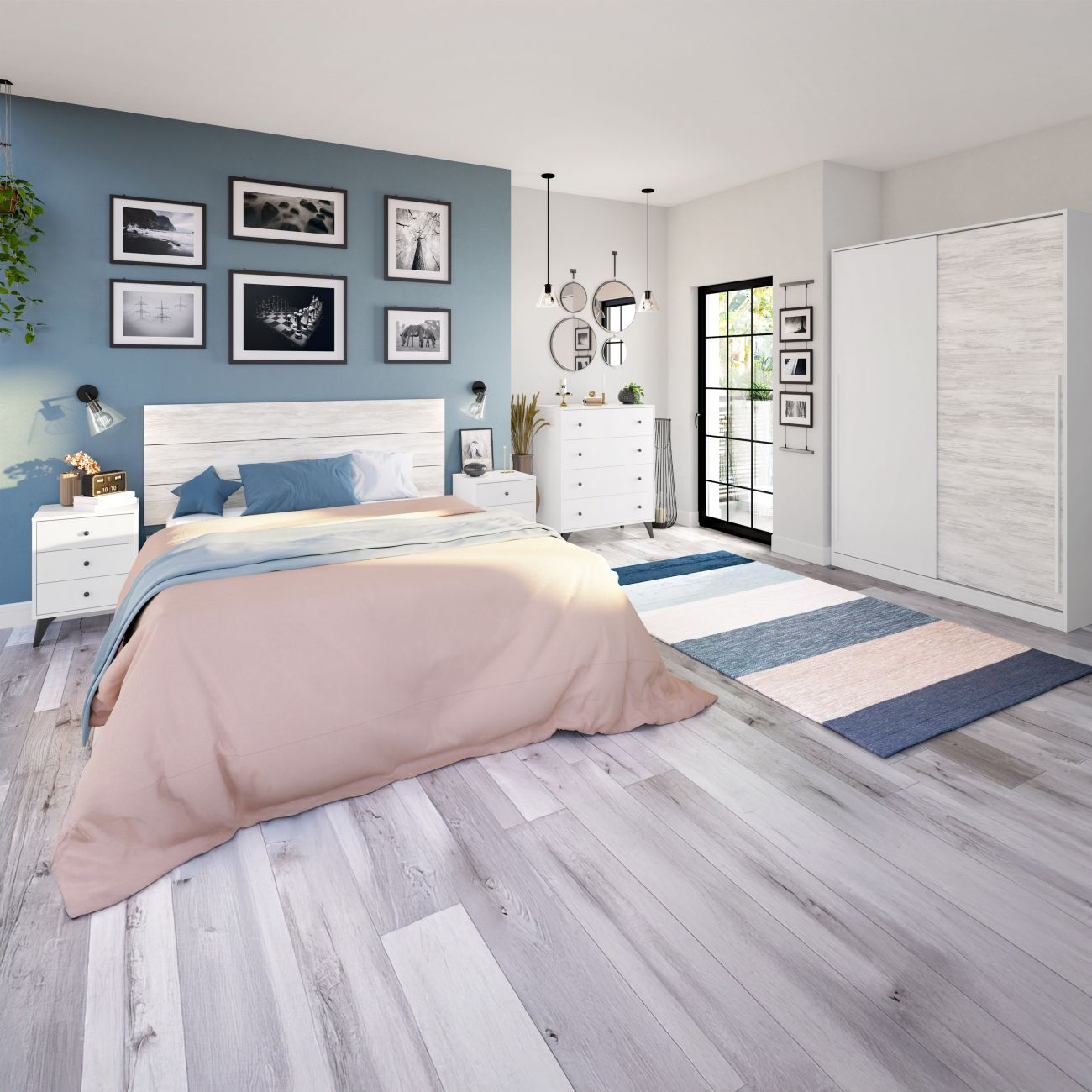 Un dormitorio con cama, mesitas de noche, cómoda y armario. Arte enmarcado en pared.