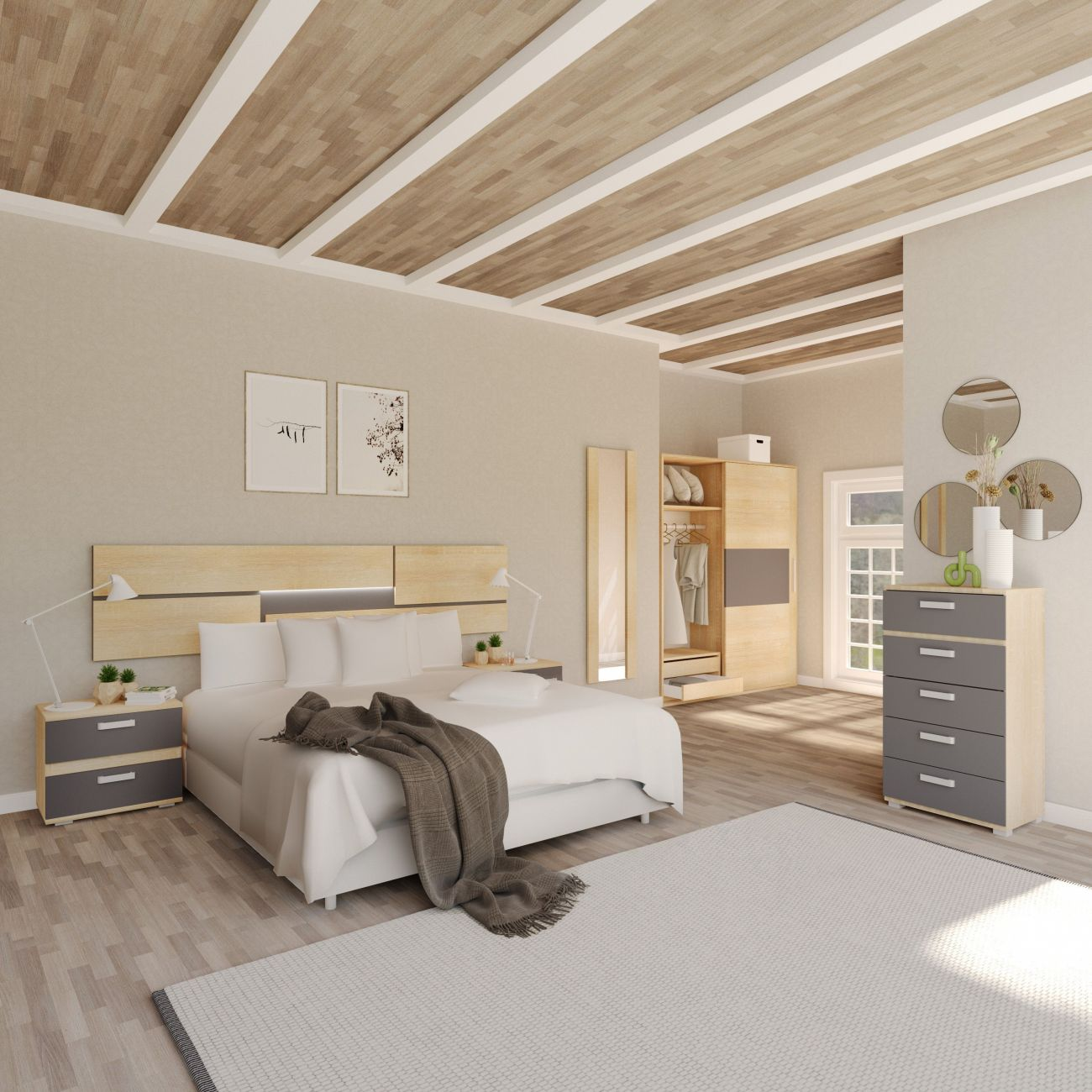 Un dormitorio con cama, mesitas de noche, armario y cómoda. Detalles en madera.