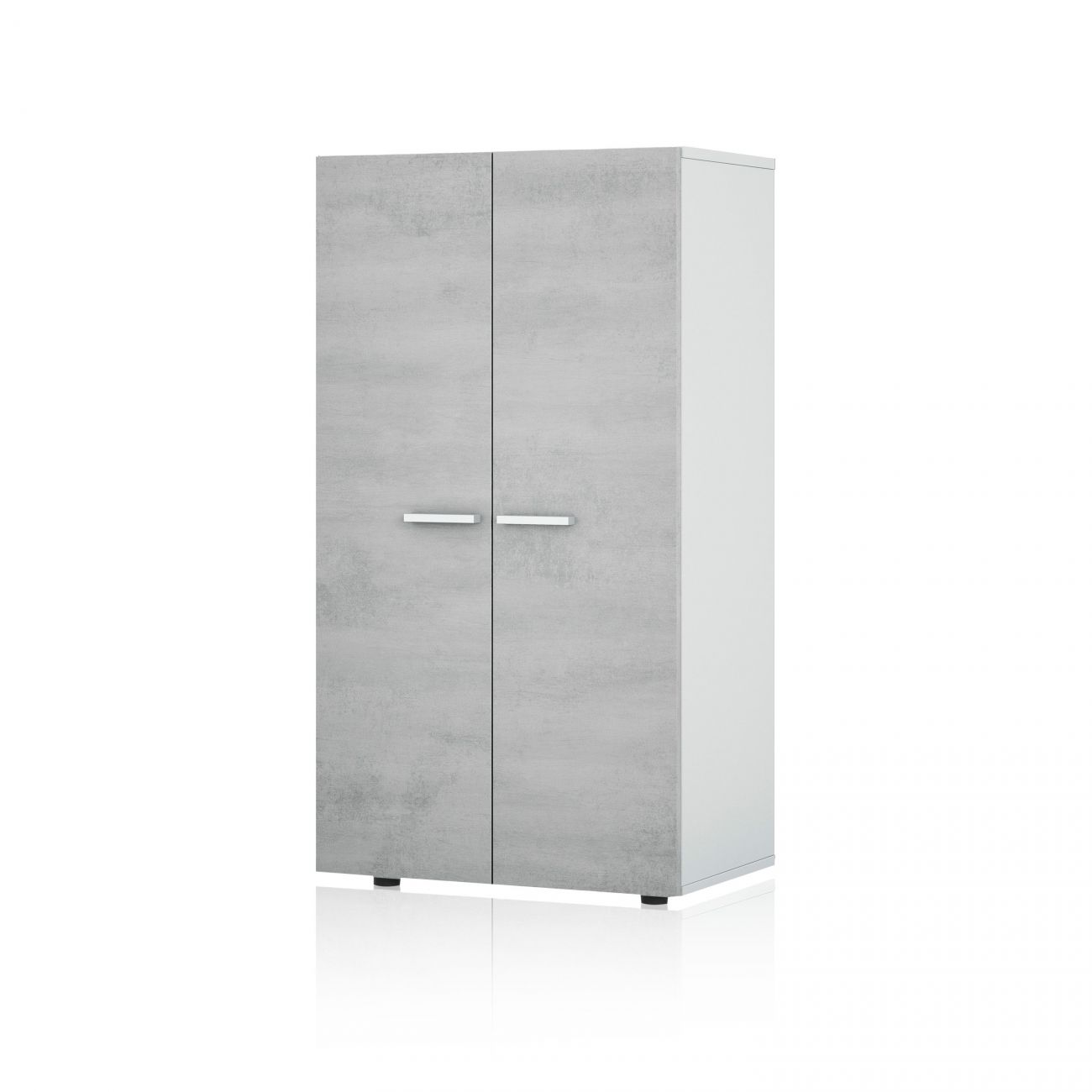 Un armario de dos puertas con efecto hormigón gris y laterales blancos.