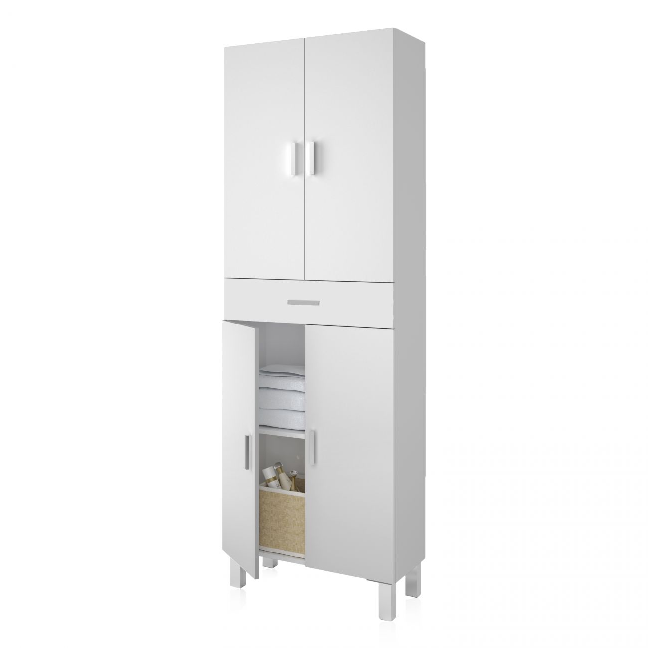 Un armario blanco alto con dos puertas arriba y un cajón. La puerta inferior está abierta, mostrando toallas y cestas.