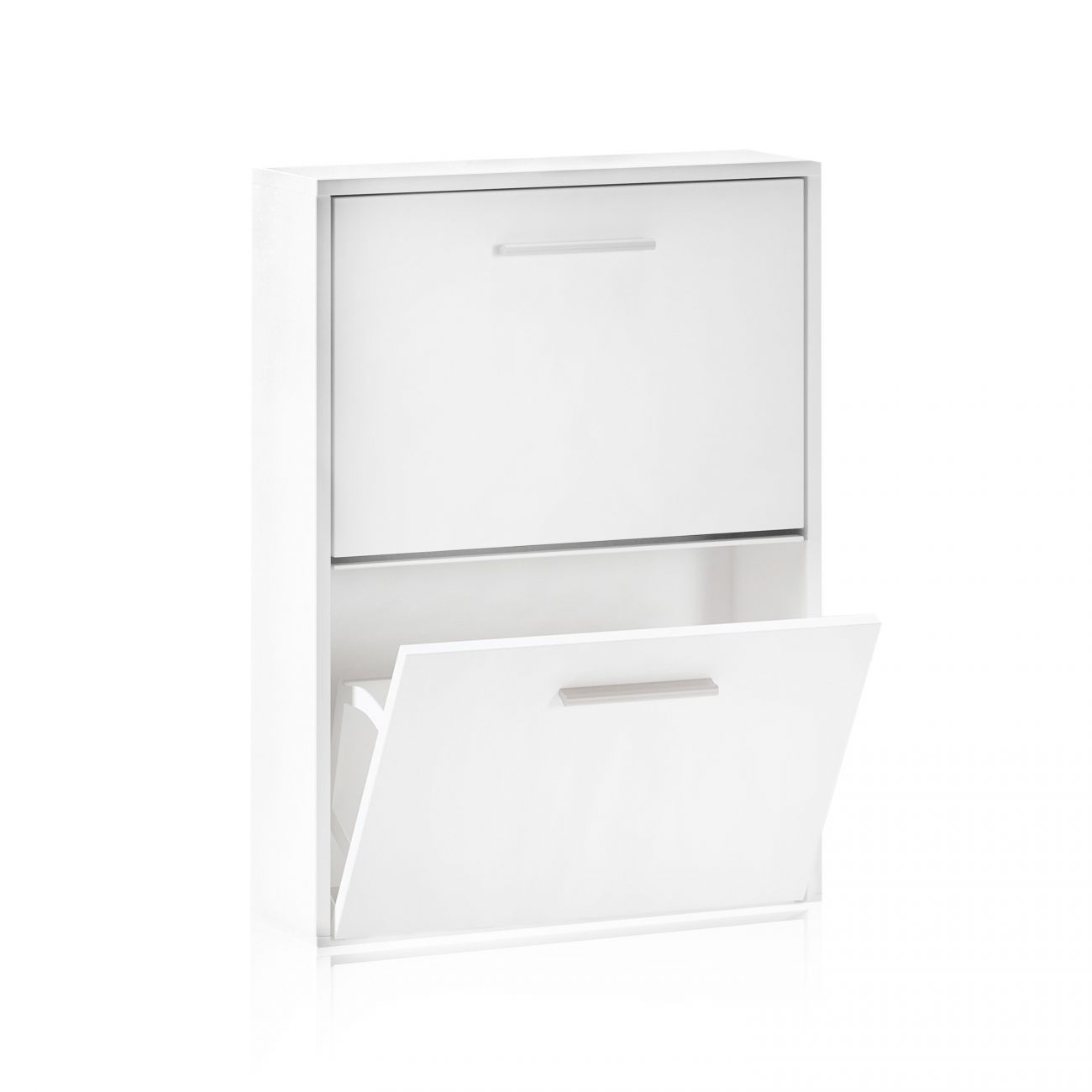 Un mueble blanco para zapatos con dos cajones, uno abierto.