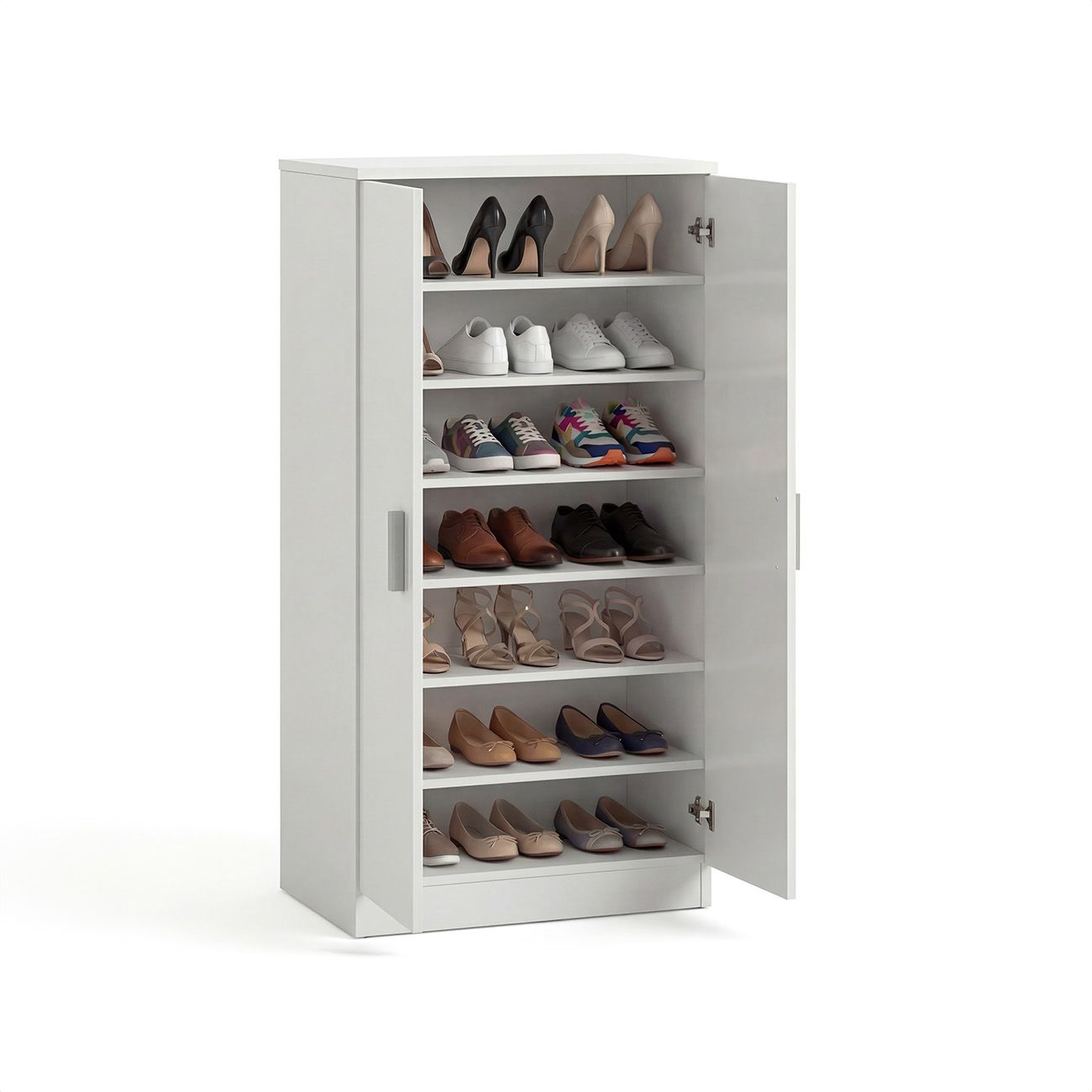 Un zapatero blanco con puertas abiertas, lleno de varios zapatos.