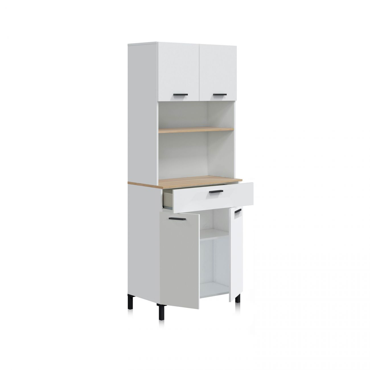 Un mueble de cocina blanco con estantes de madera, cajón y puertas abiertas.