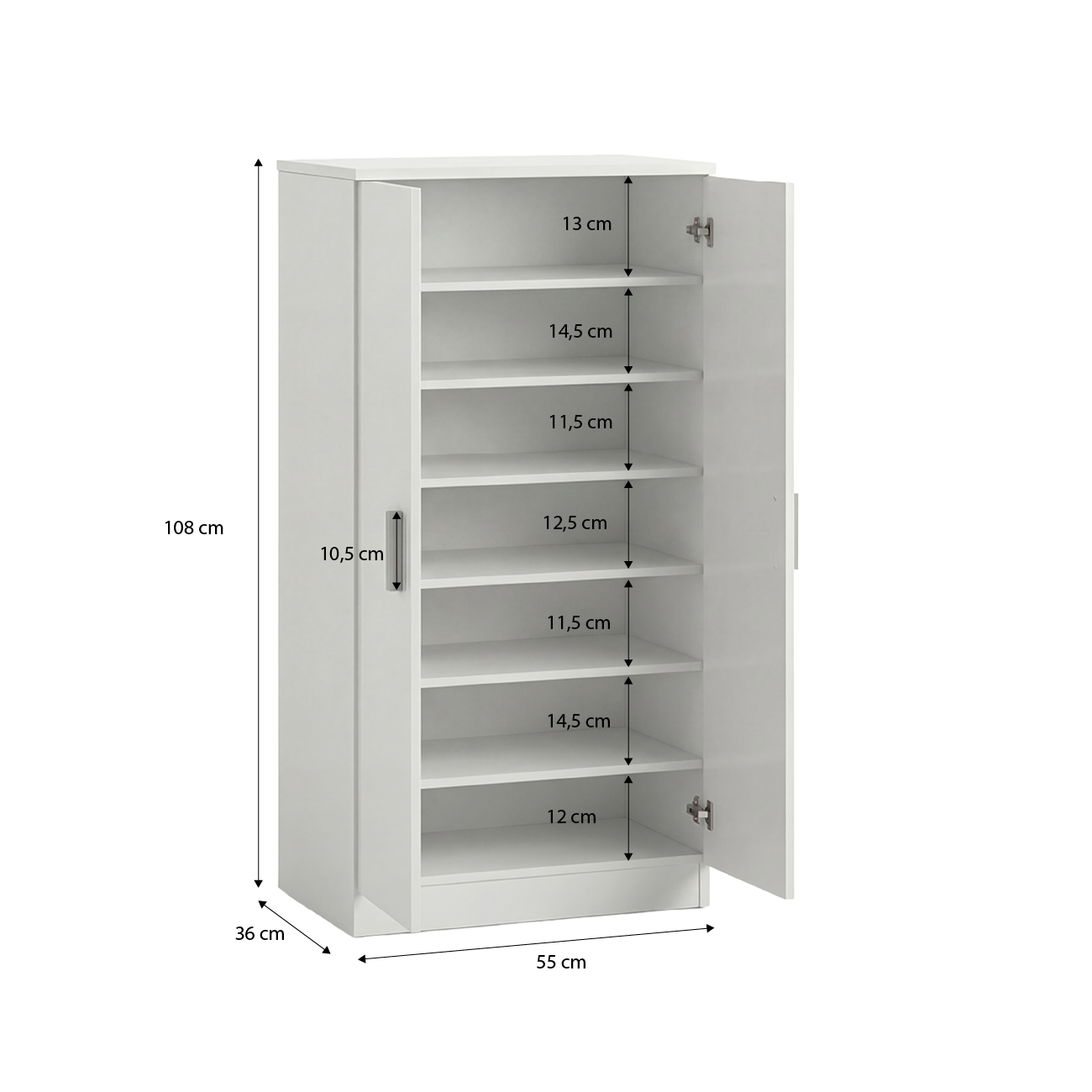Armario blanco con puertas abiertas, dimensiones: Al 108 cm, An 55 cm, Pr 36 cm.