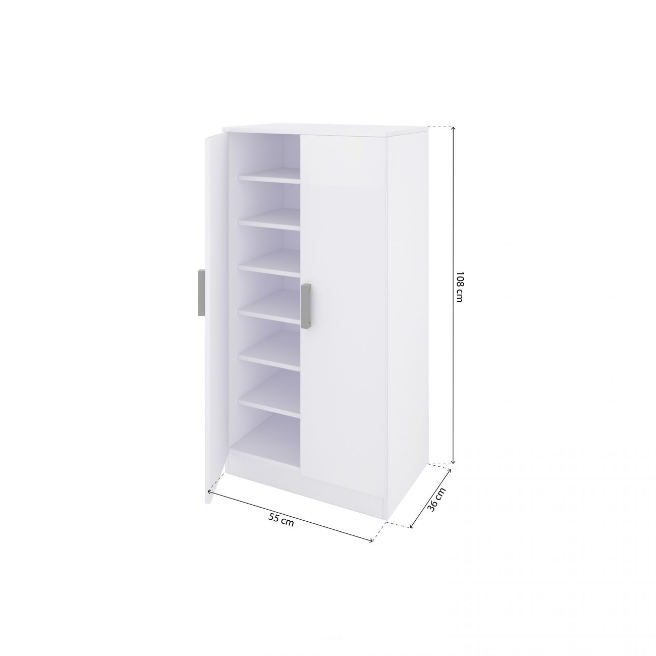 Un armario blanco con una puerta abierta, mostrando múltiples estantes.