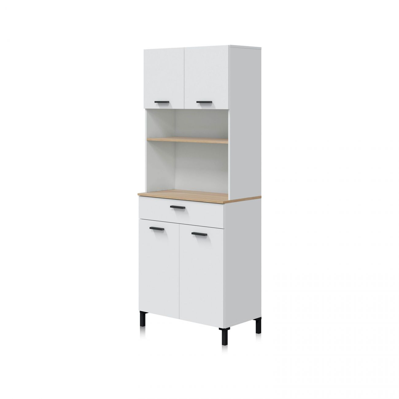 Un mueble de cocina blanco con detalles de madera y tiradores negros sobre fondo blanco.