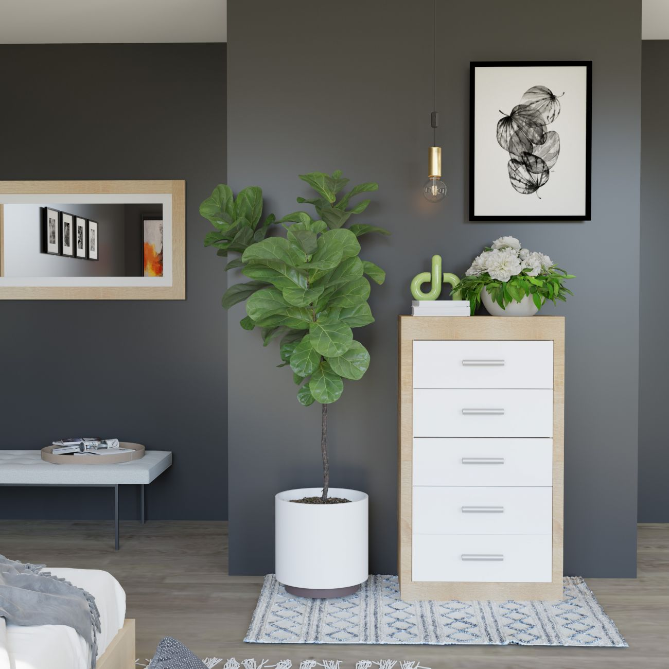 Un dormitorio con paredes oscuras, cama, cómoda y planta.