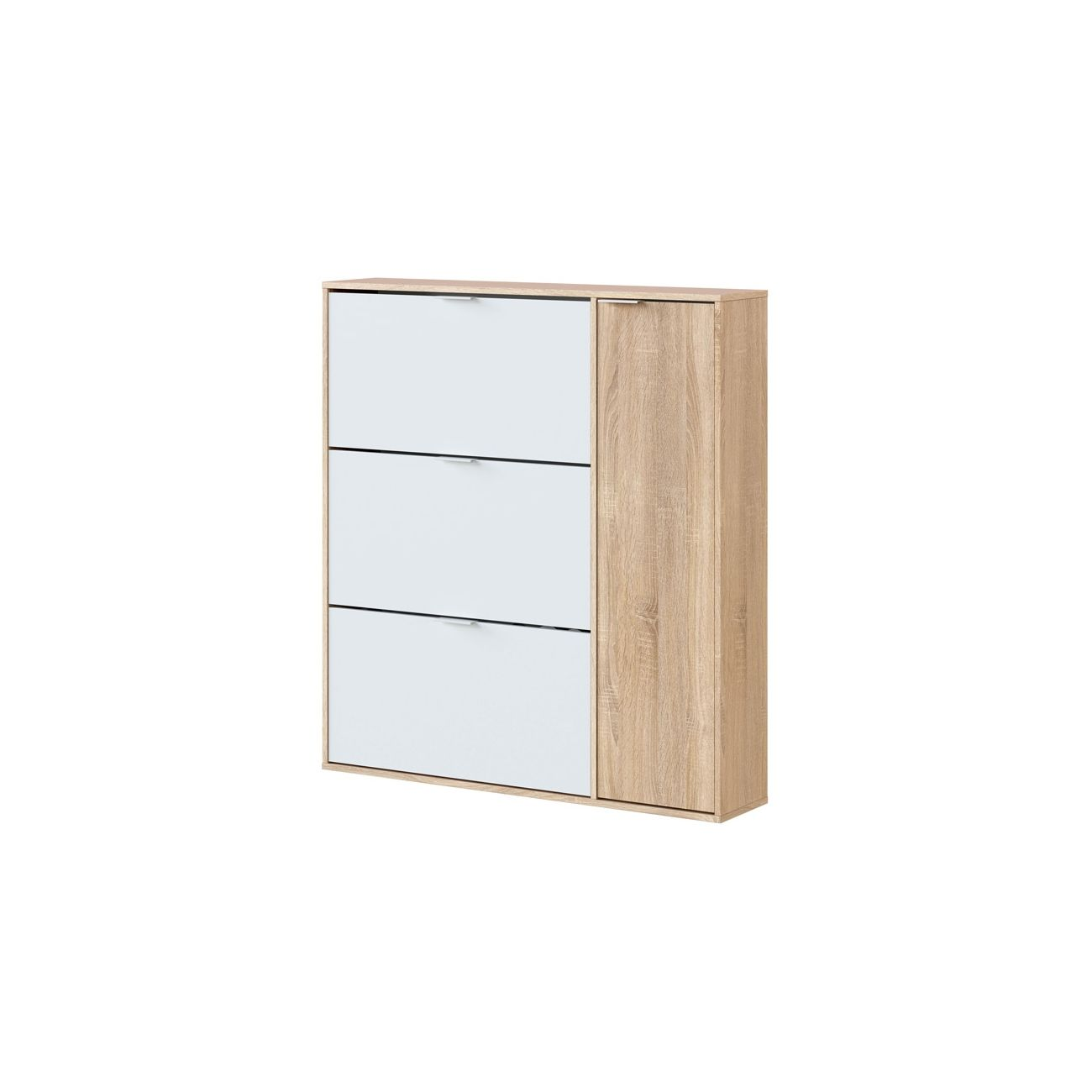 Un zapatero blanco con tres cajones y una puerta de madera.