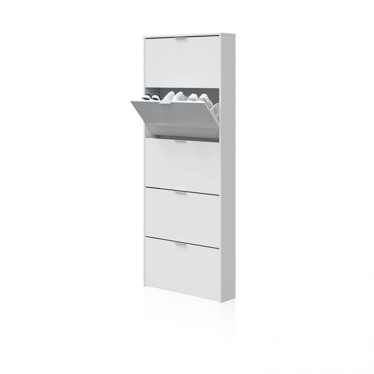 Un zapatero blanco de cuatro puertas abatibles, la superior está abierta mostrando zapatos.