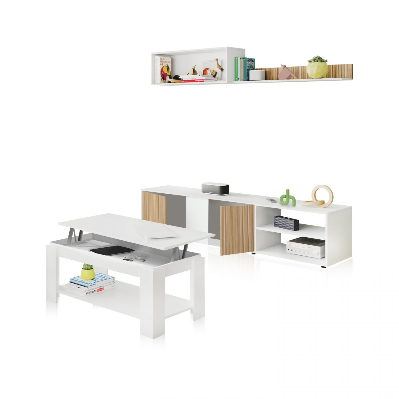 Una mesa de centro blanca elevable con estante y una consola multimedia blanca con puertas y estantes de madera.