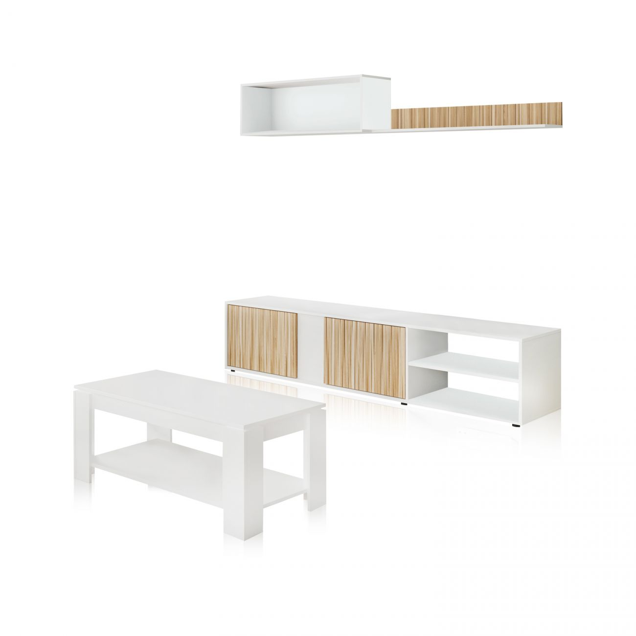 Muebles blancos: mesa de centro, mueble de TV y estante de pared con detalles en madera.