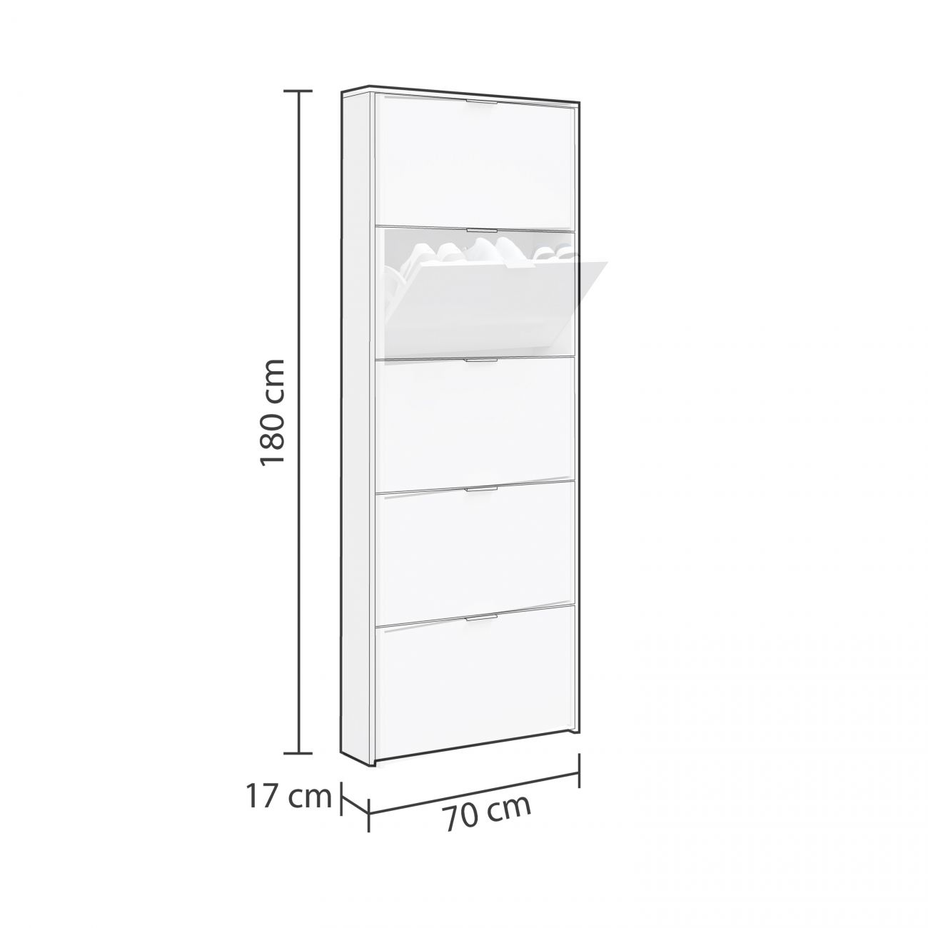 Un zapatero blanco con cuatro compartimentos abatibles, medidas 180x70x17 cm.