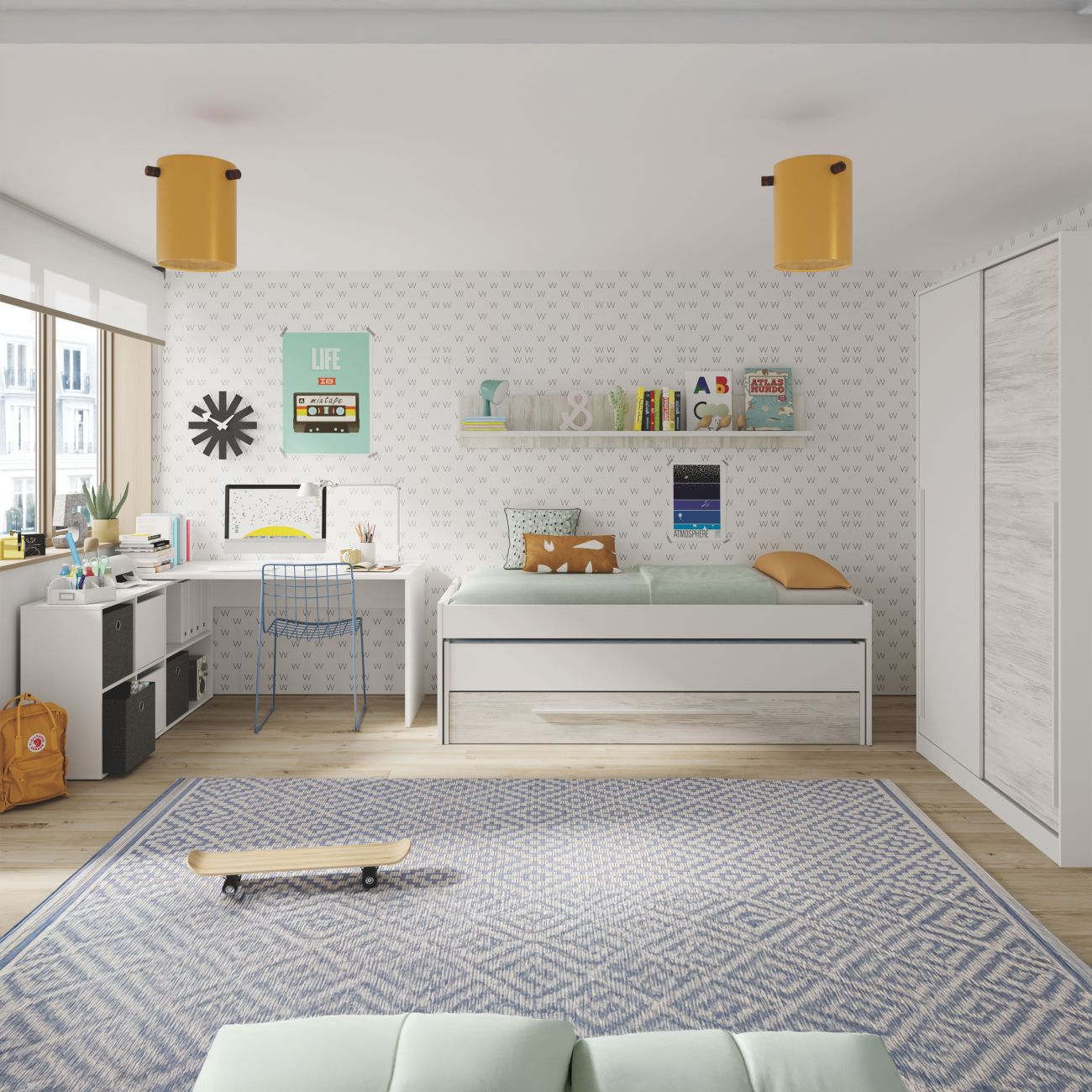 Habitación juvenil con escritorio, cama, armario y alfombra.