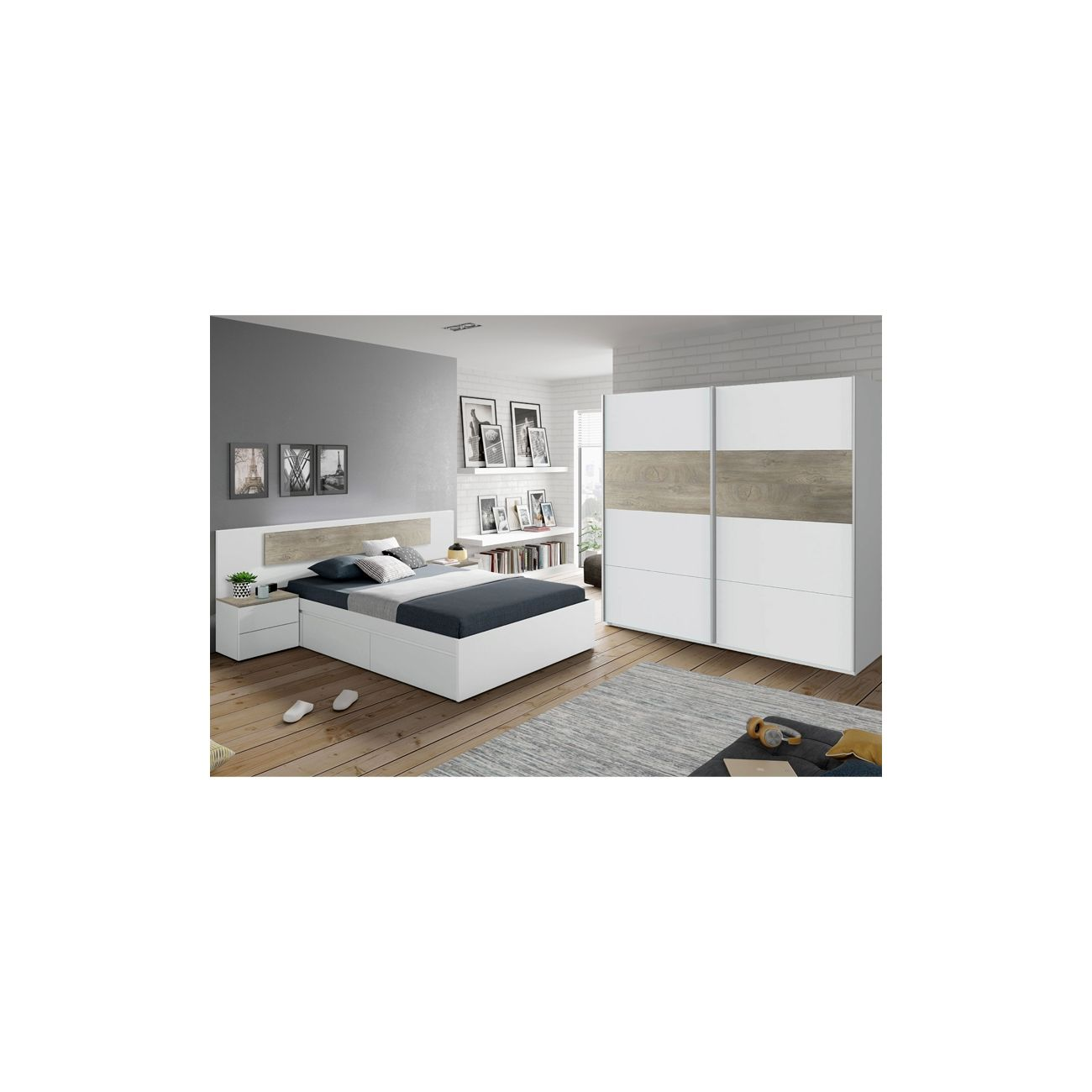 Dormitorio moderno con cama blanca, mesita de noche y armario.