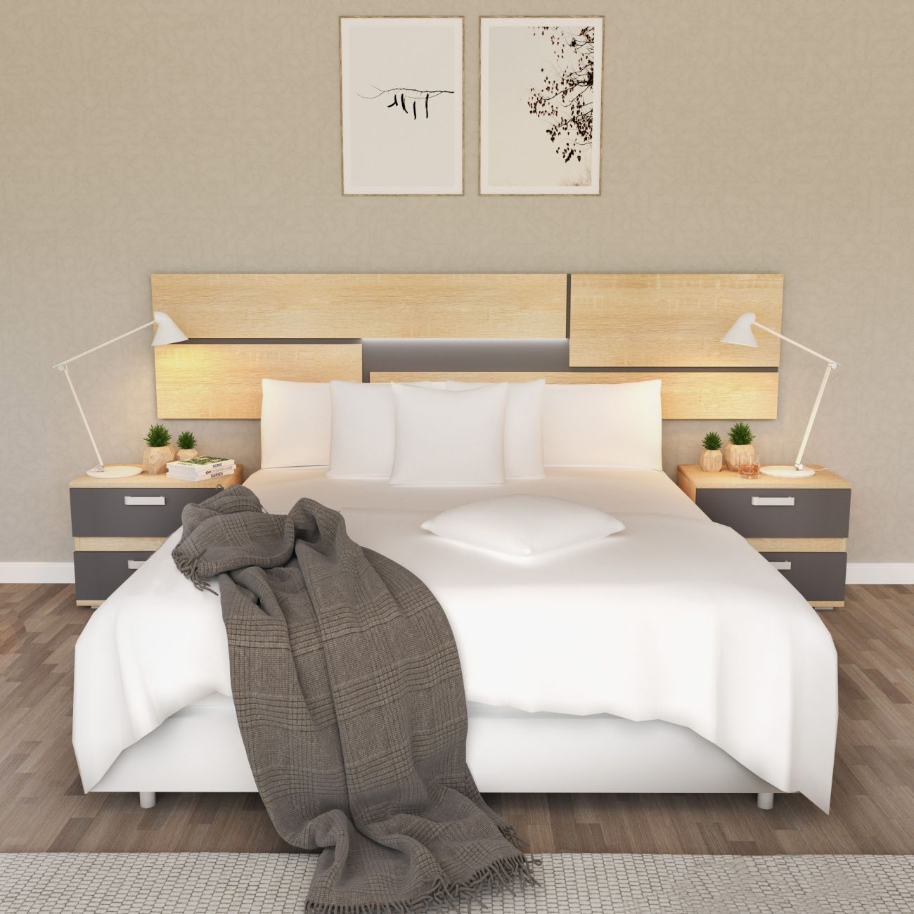 Un dormitorio con cama doble, mesitas de noche y arte en la pared.