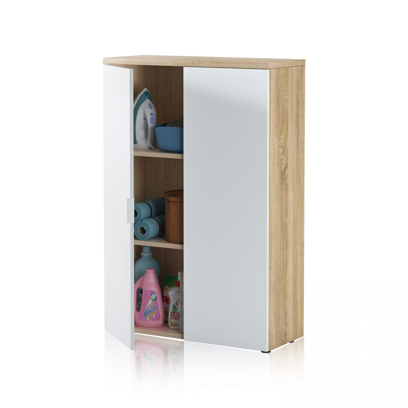 Un armario blanco con detalles de madera, abierto, mostrando artículos de lavandería y una plancha.