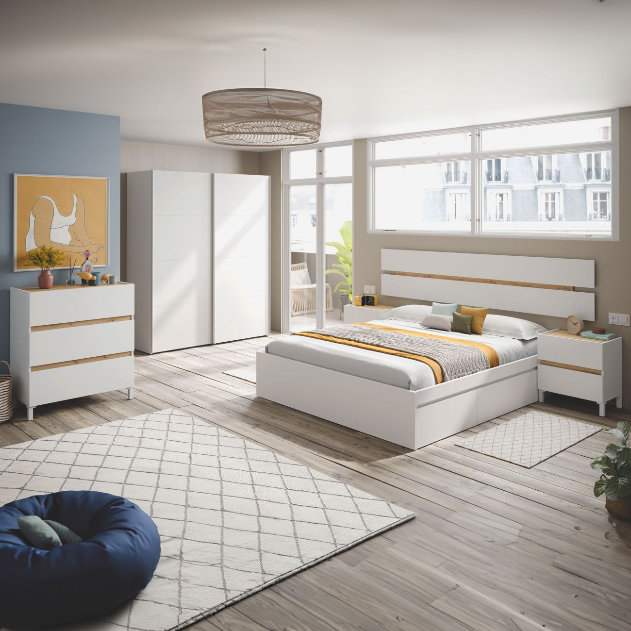 Dormitorio moderno con cama blanca, armario, cómoda y alfombra.