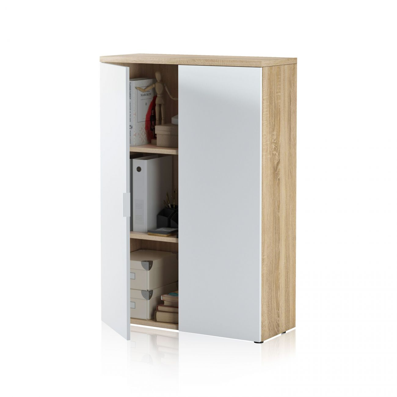 Un armario blanco con detalles en madera, una puerta entreabierta, con material de oficina.